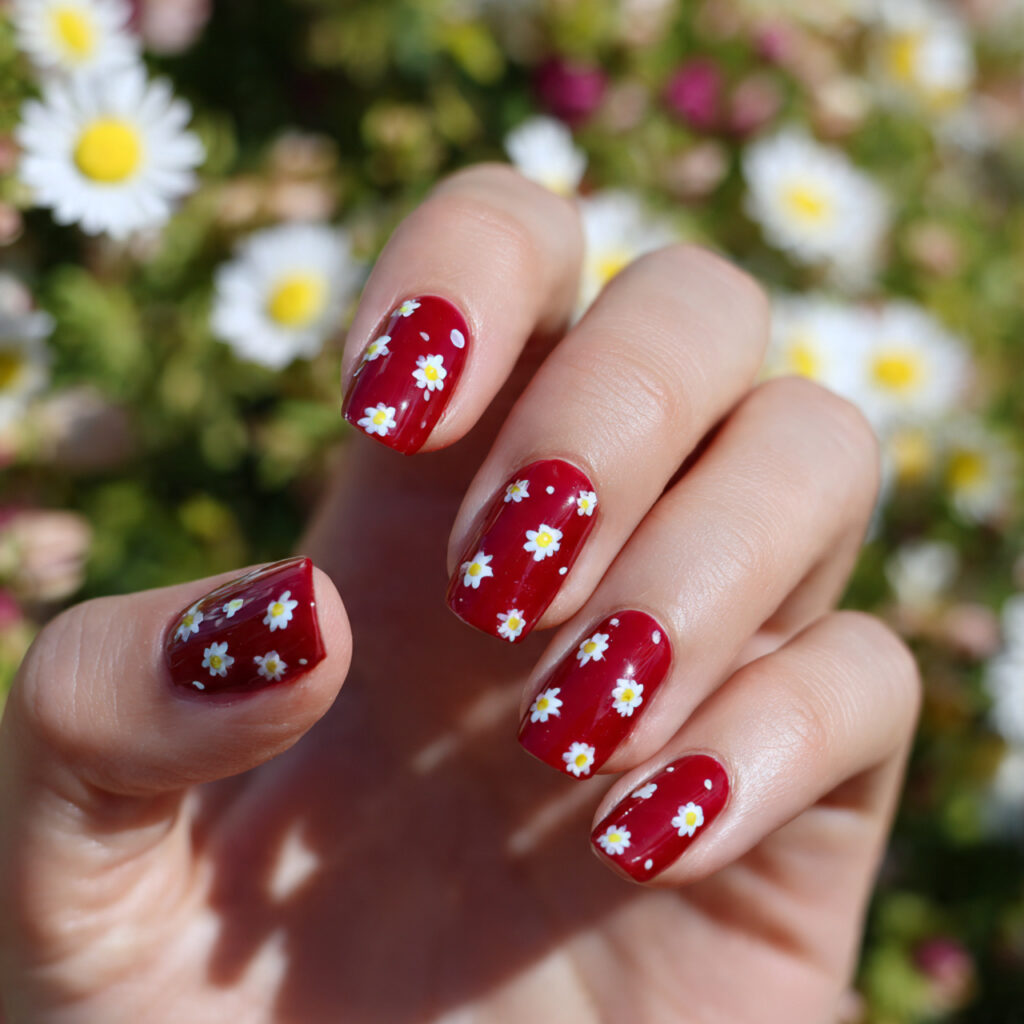 attractive short cherry red with tiny white daisie