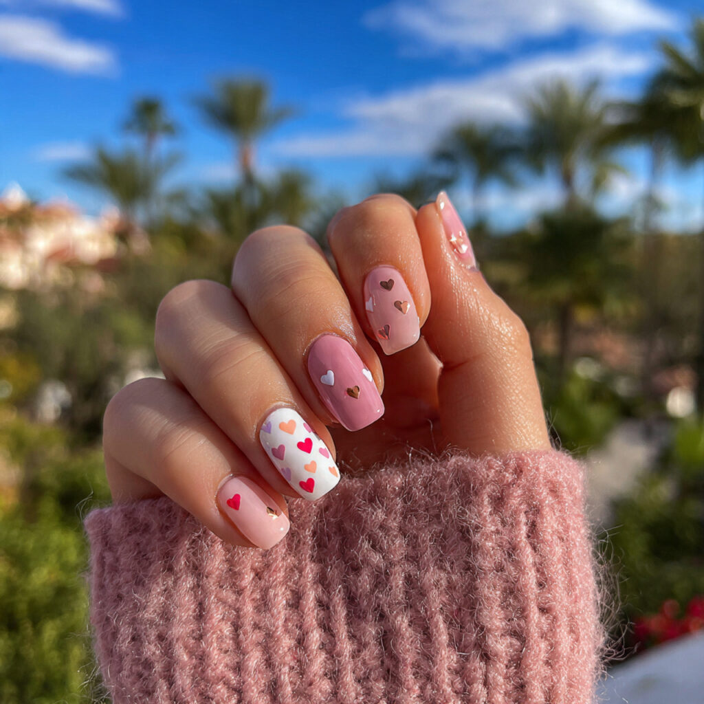 attractive short glossy acrylics with tiny hearts