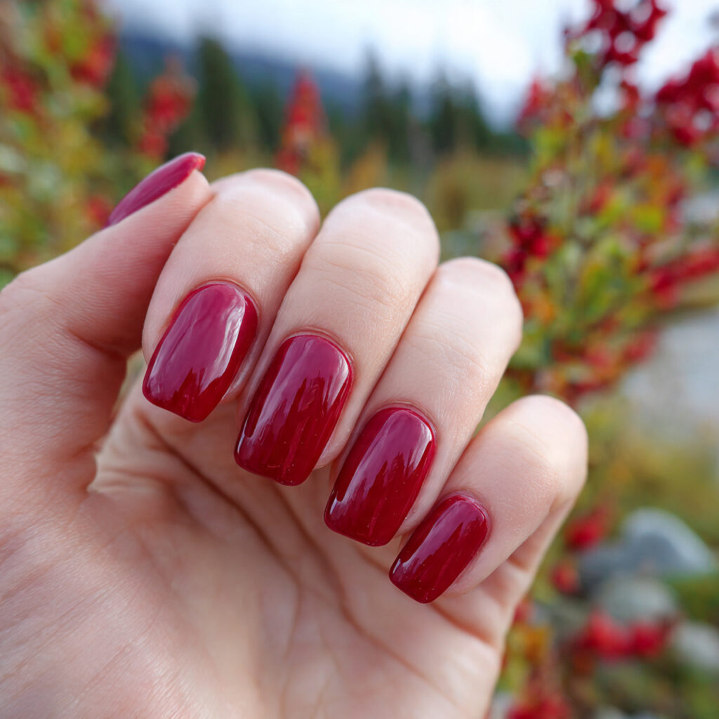 attractive short glossy cherry red square nails wi