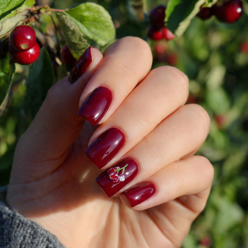 attractive short glossy cherry square nails with o 1