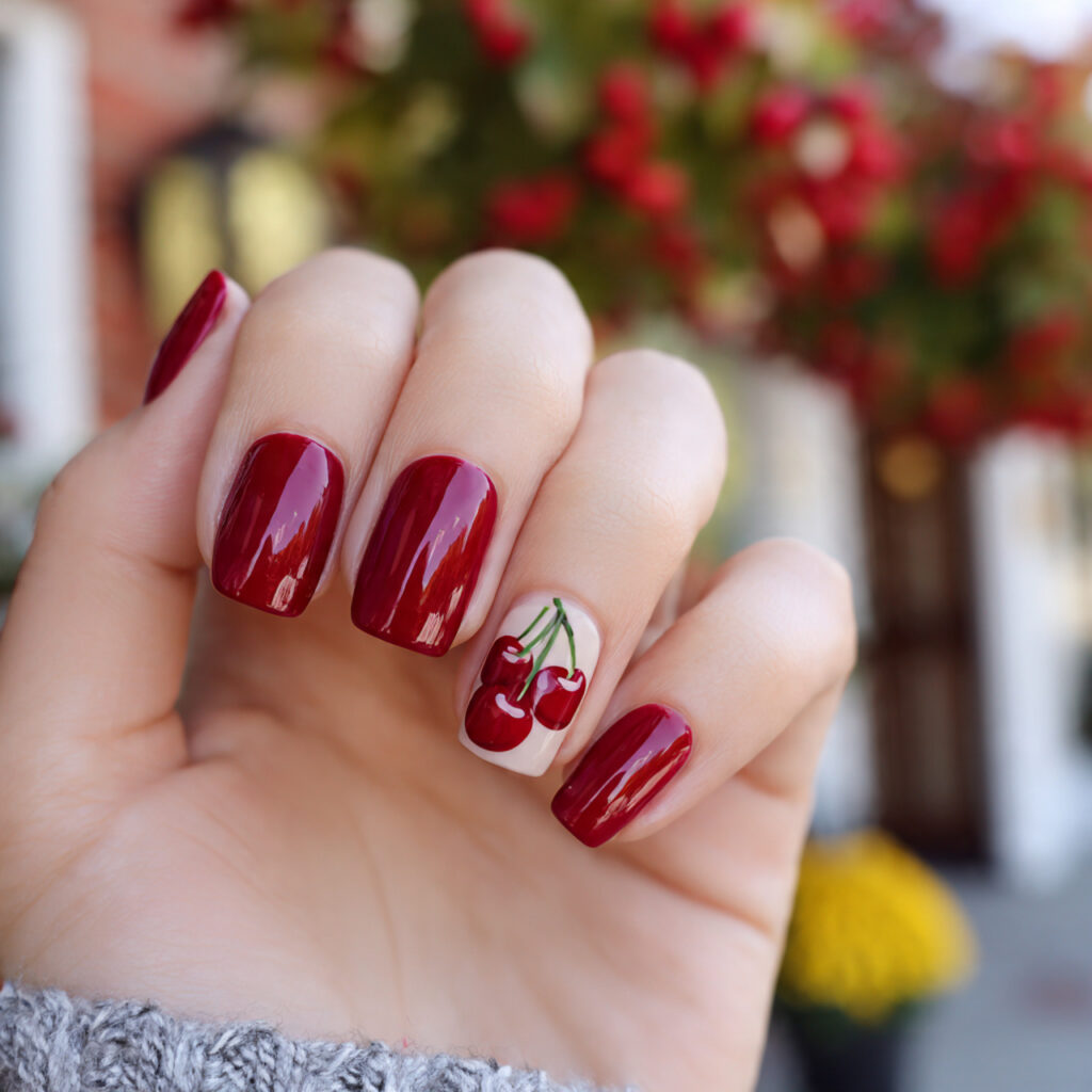 attractive short glossy cherry square nails with o 2