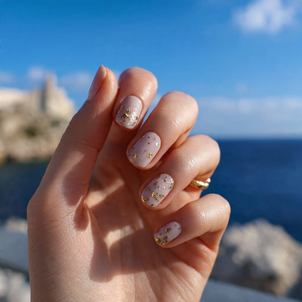 attractive short nails with tiny gold accents with