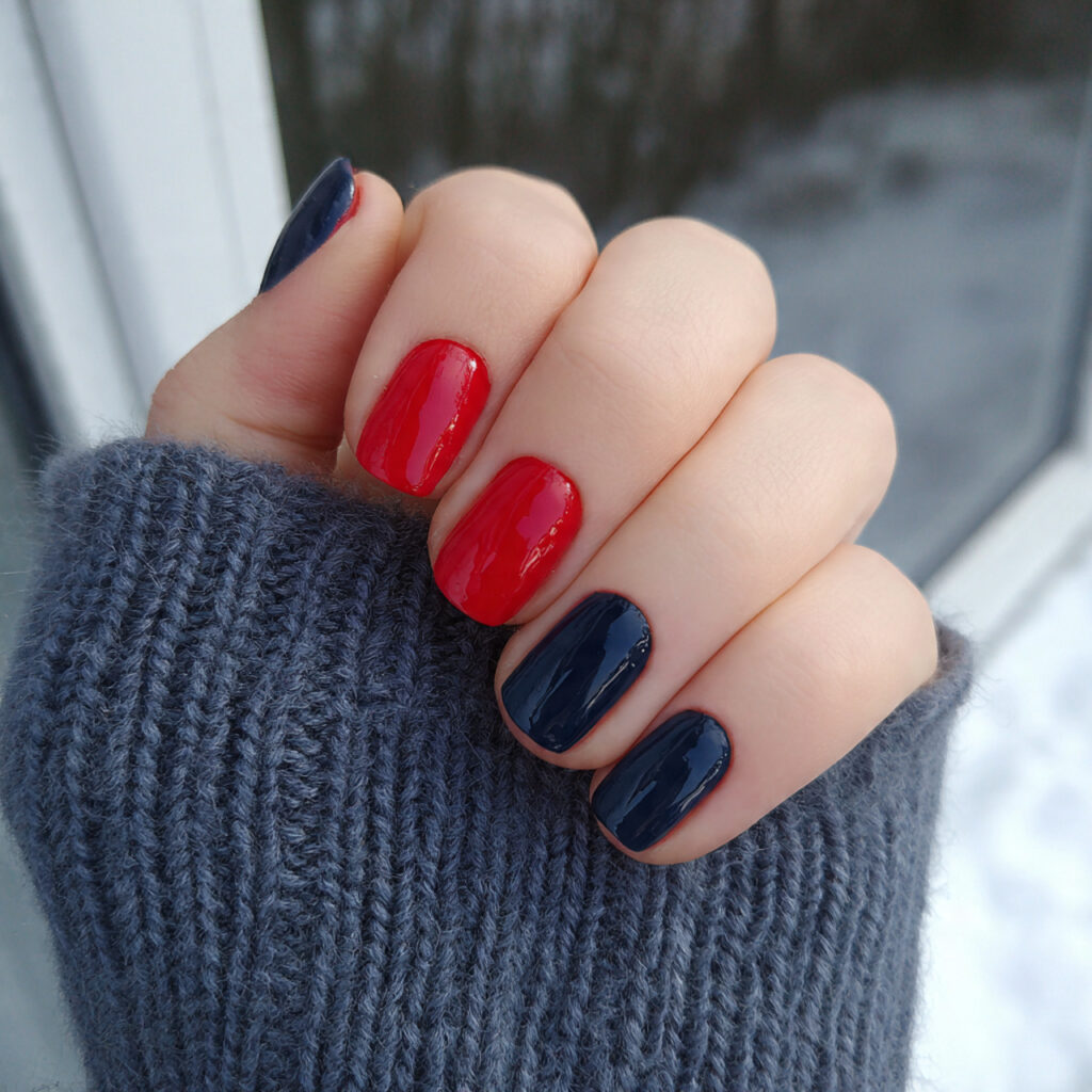 attractive short red and navy square chic nails wi