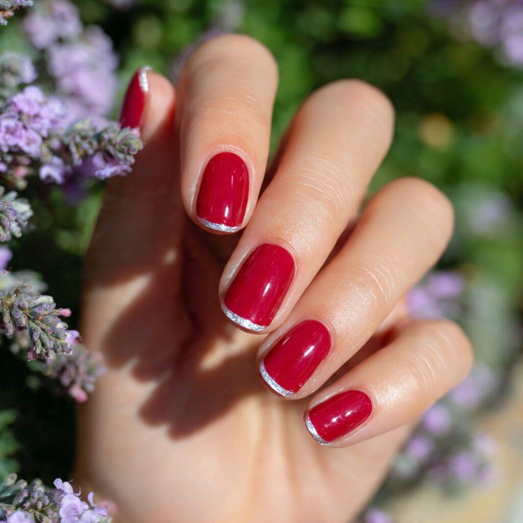 attractive short red micro french tips on base nai