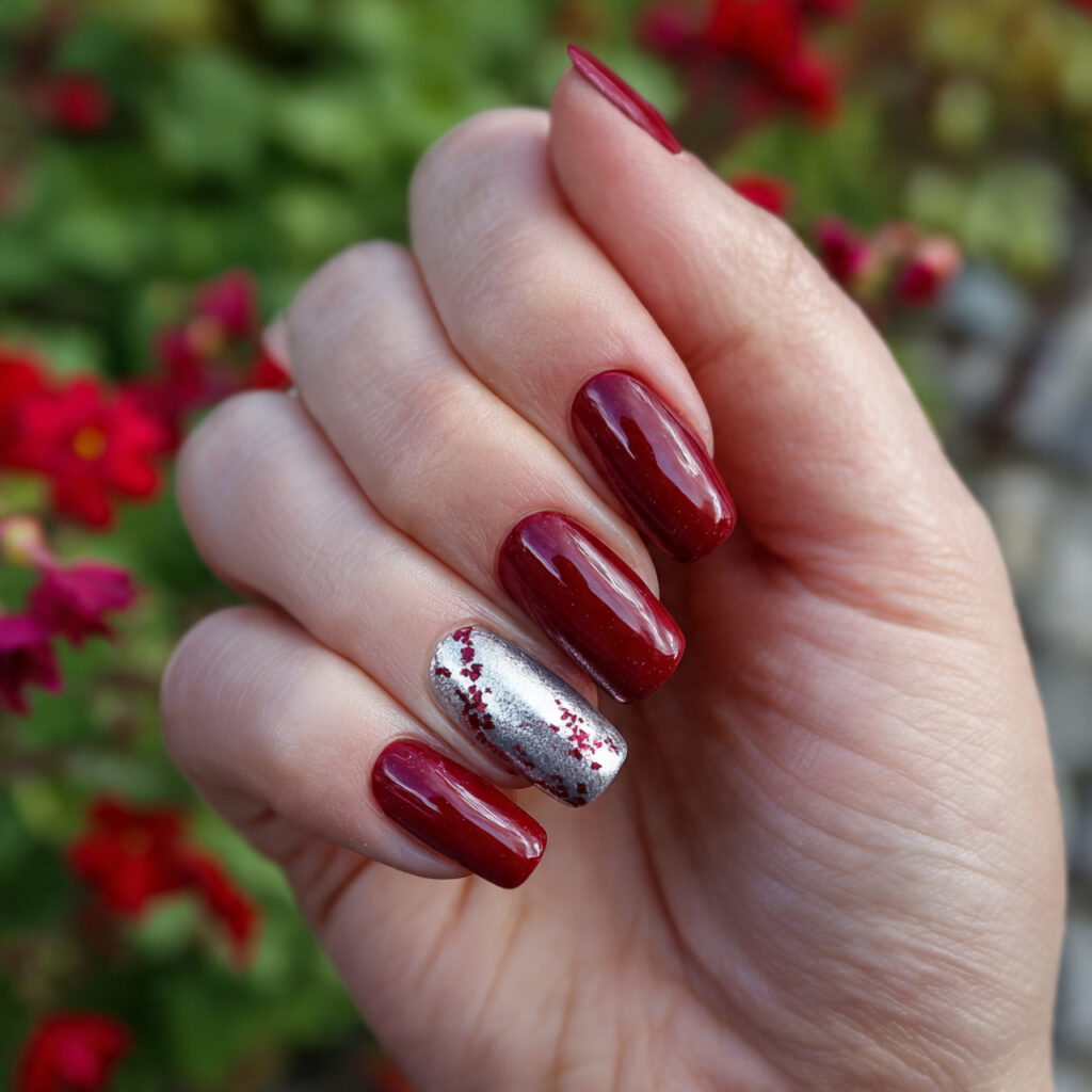 attractive short square cherry red with silver acc