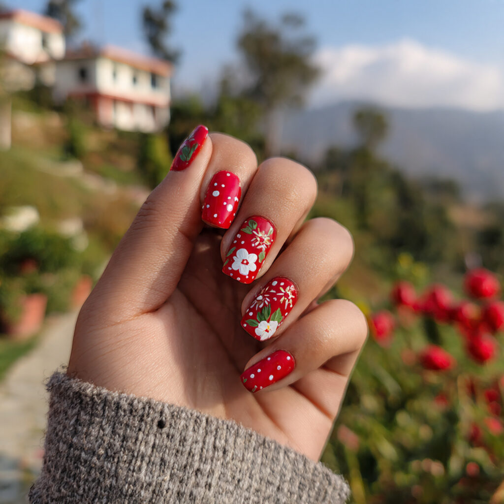 attractive short strawberry flower nails with red