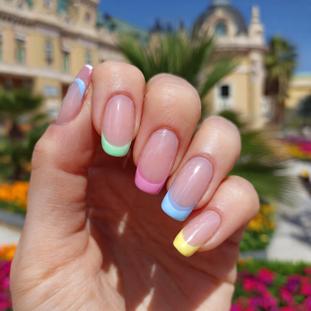 attractive side french tips in pastel rainbow with