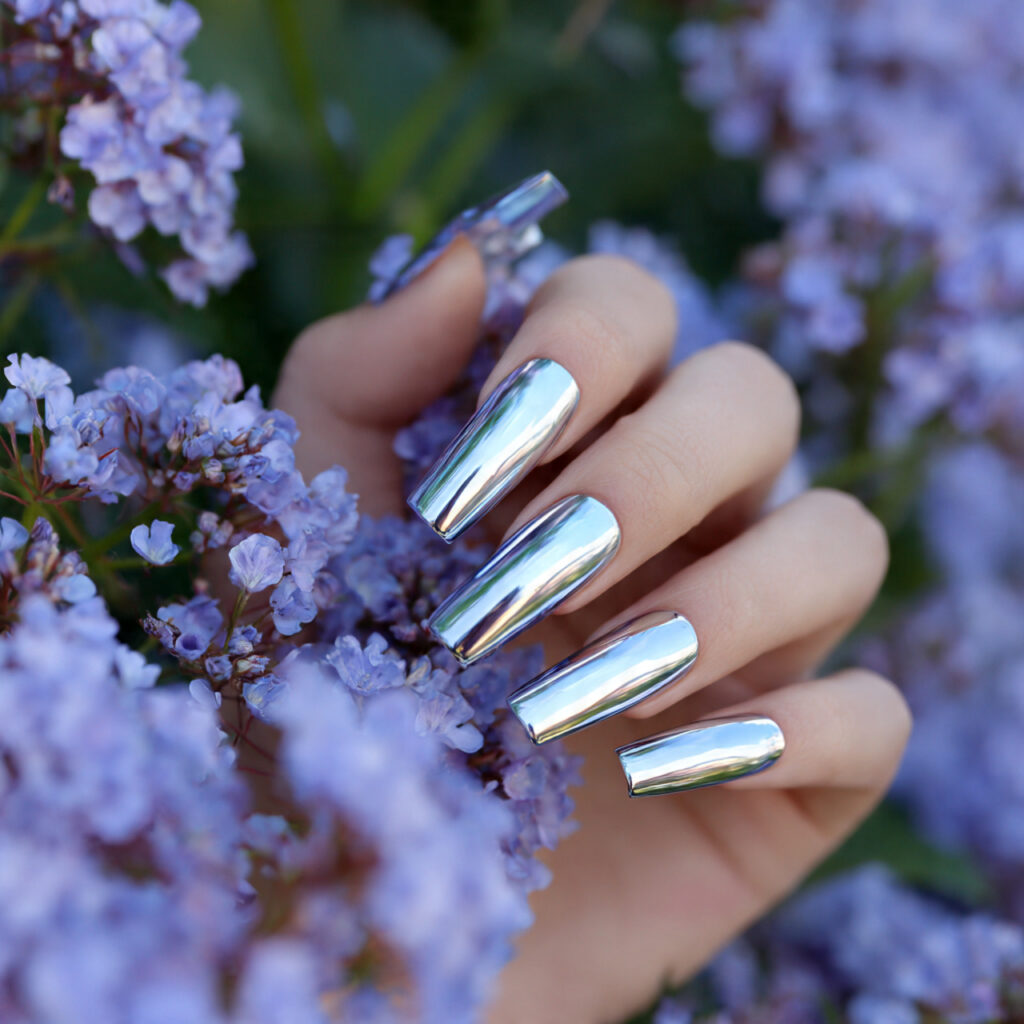 Nail Inspo Y2K: 14 Playful Y2K Nail Ideas That Feel So Cute and Nostalgic 7 attractive silver chrome coffin nails with outdoor