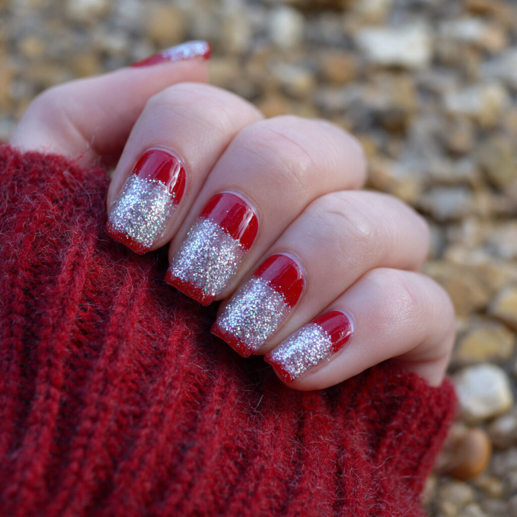 attractive silver glitter french on red base nails