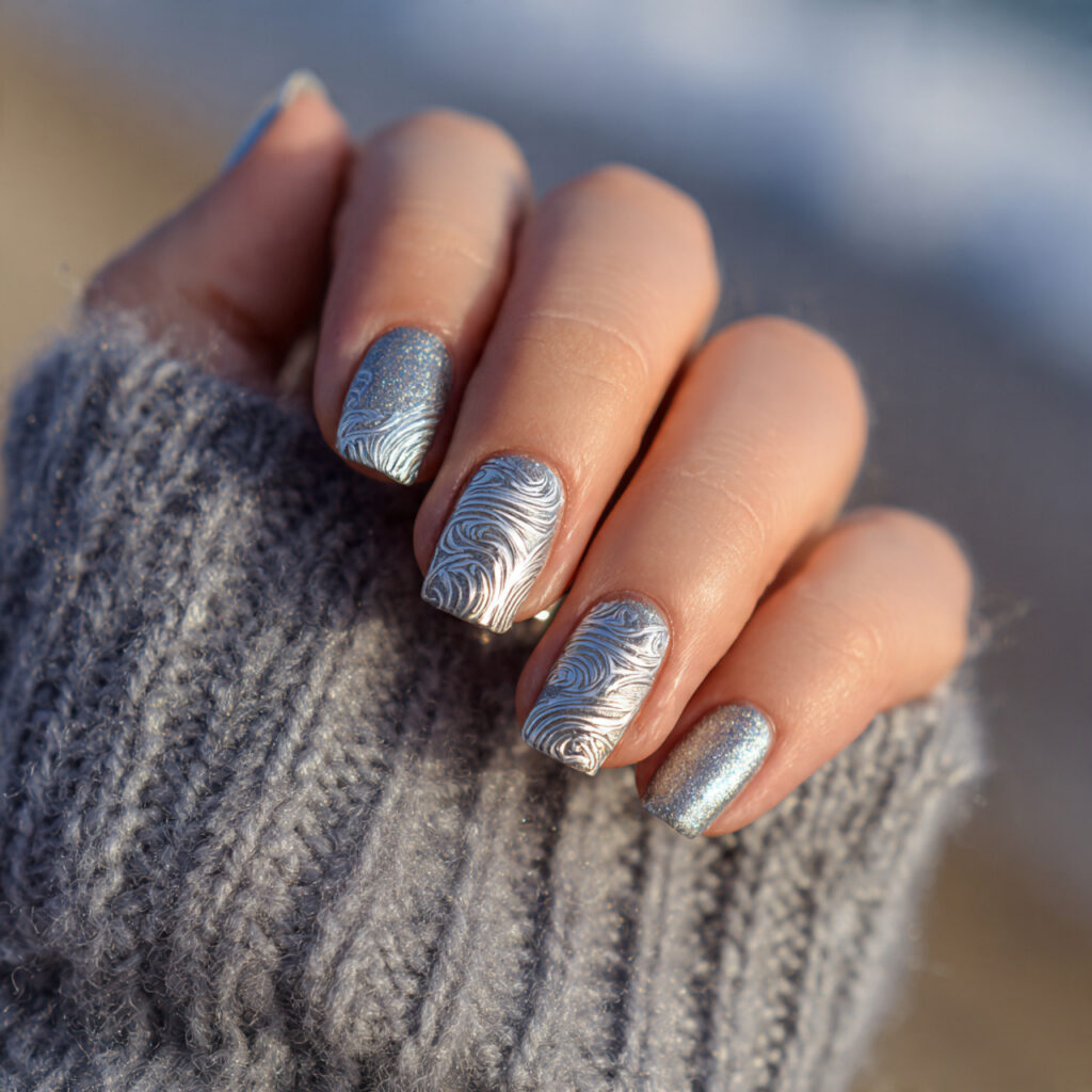 attractive silver wave detail nails with summer ou