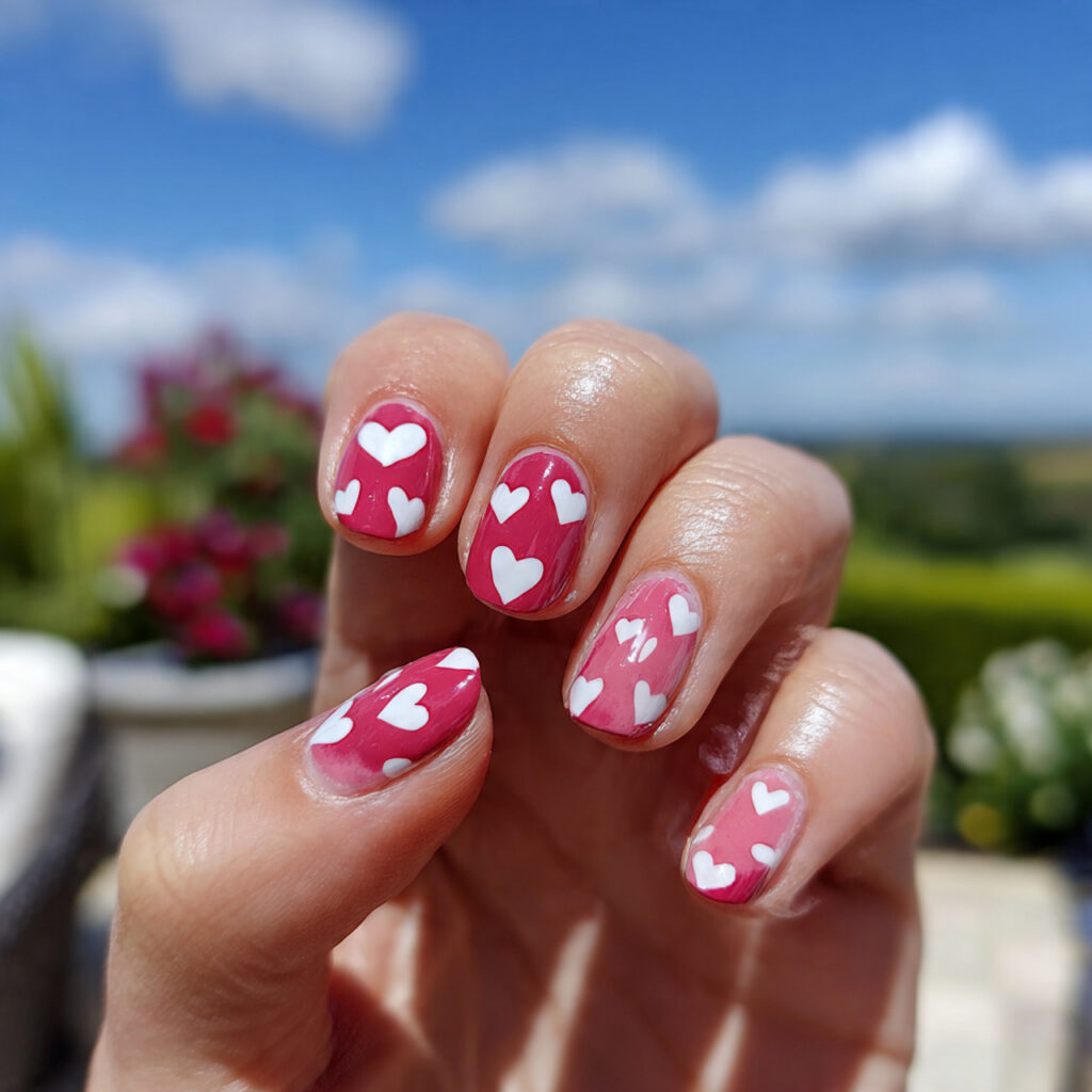 attractive simple heart detail nails with outdoor