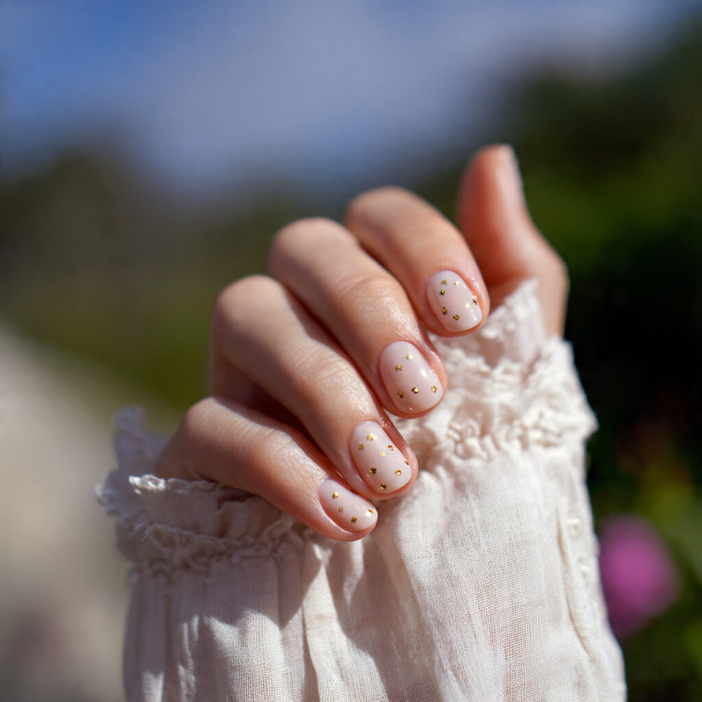 attractive simple nails with tiny gold dot details