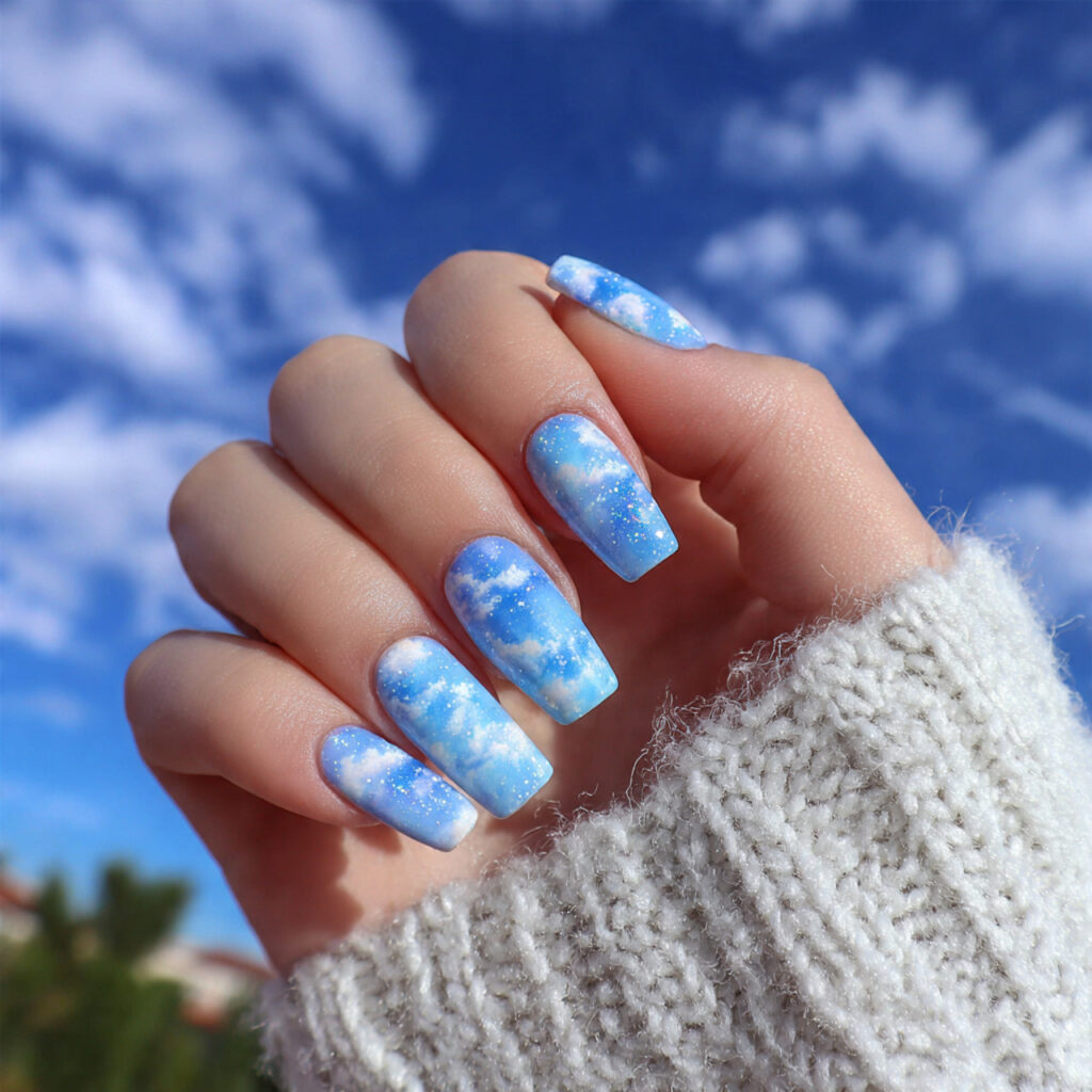 attractive sky blue aura cloudy day cute nails wit