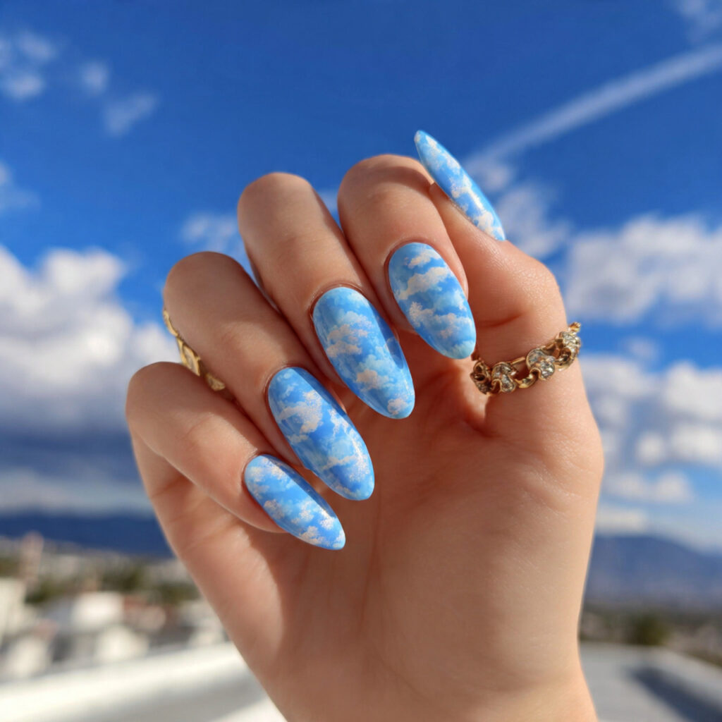 attractive sky blue cloud nails with outdoor backg