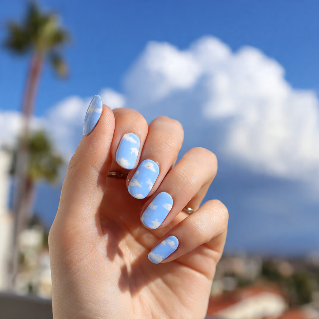 attractive sky blue cloud white dream tips nails w