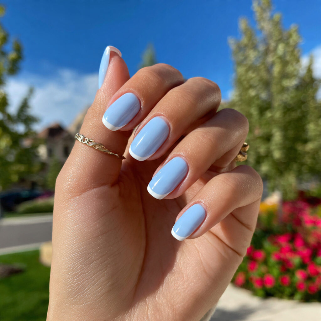 attractive sky blue french tip nails with outdoor
