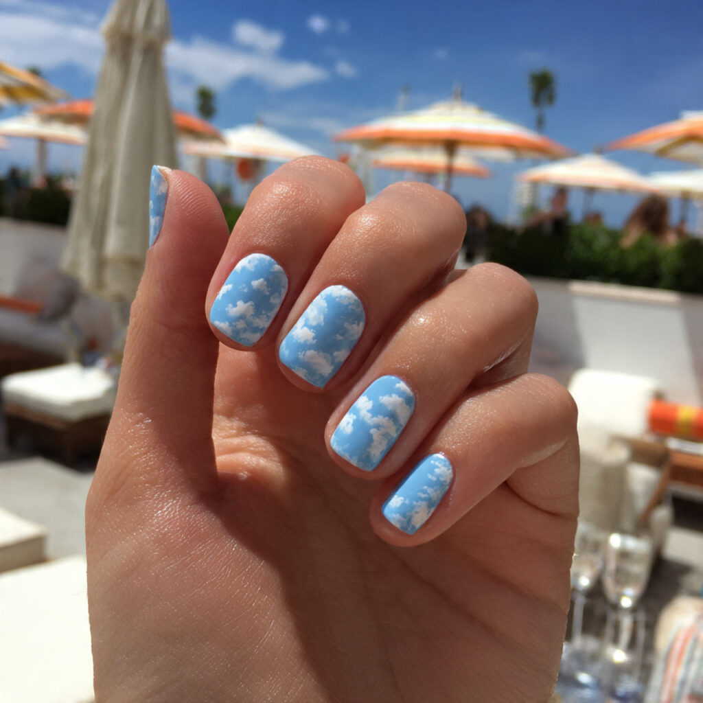 attractive sky blue with cloud accent nails with s