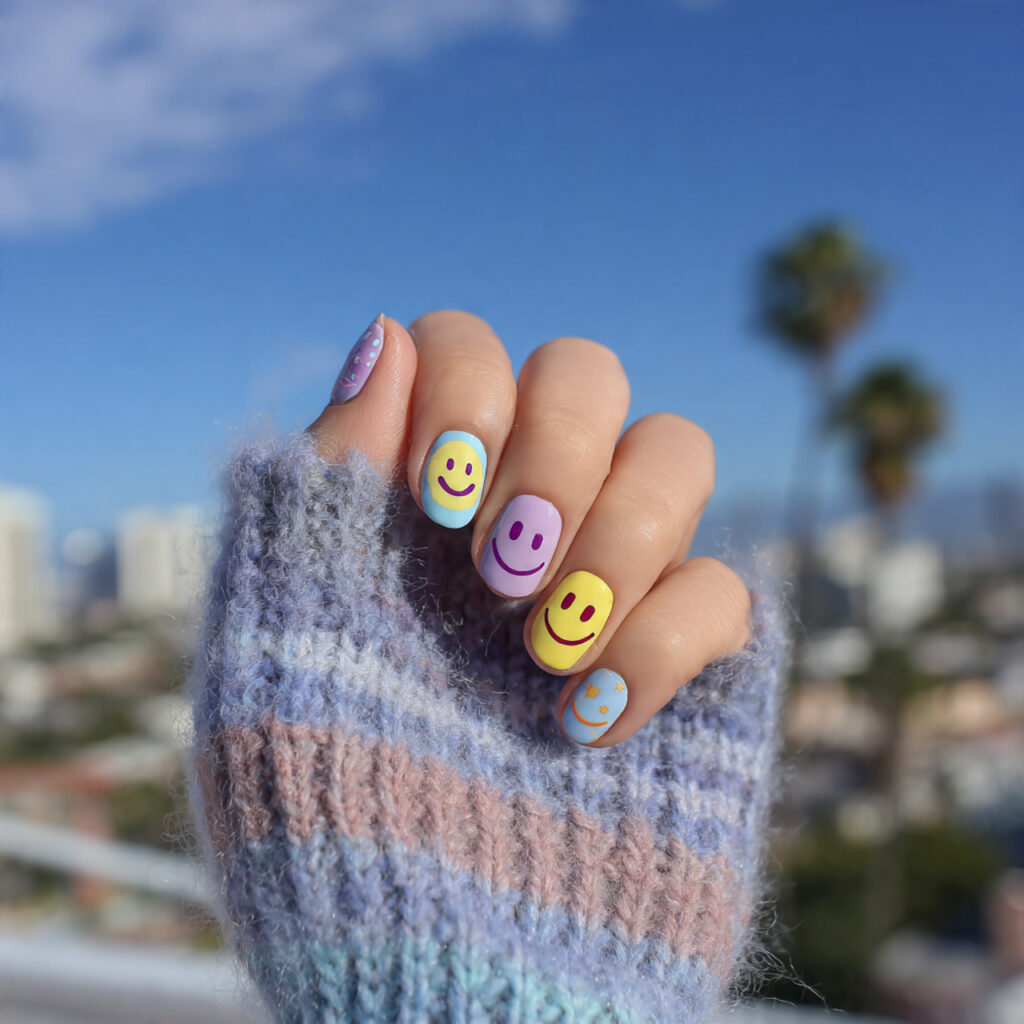 attractive smiley face pastel nails with outdoor s