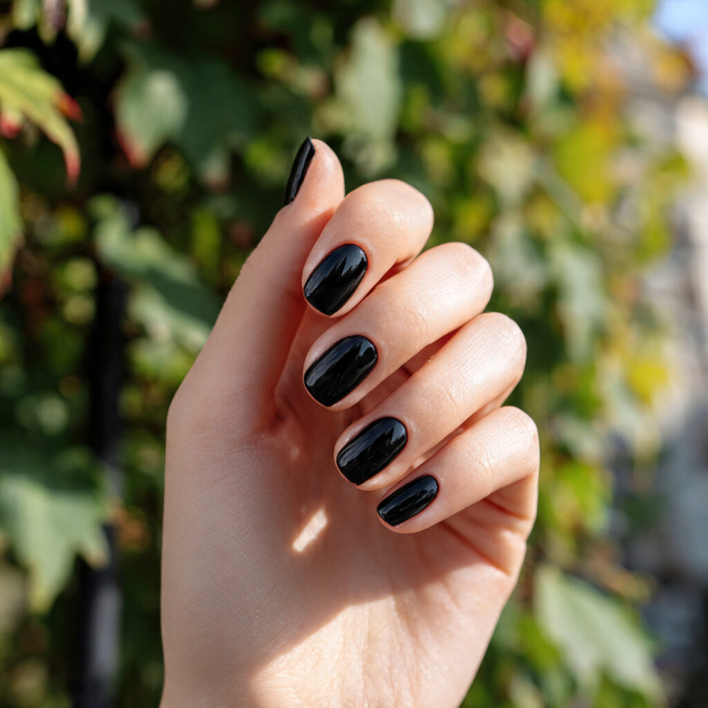 attractive soft black gloss short nails with outdo