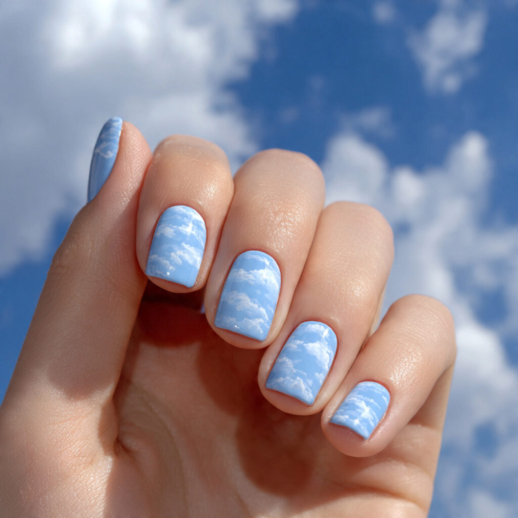 attractive soft blue cloud nails with outdoor summ