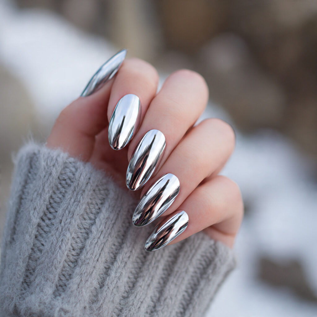 attractive soft chrome almond nails with outdoor b