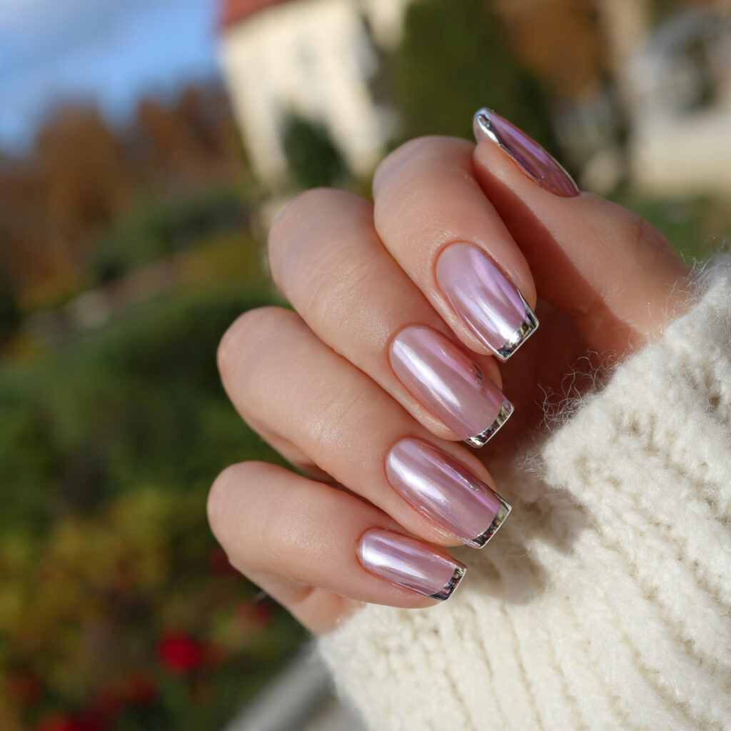 attractive soft chrome french nails with outdoor b