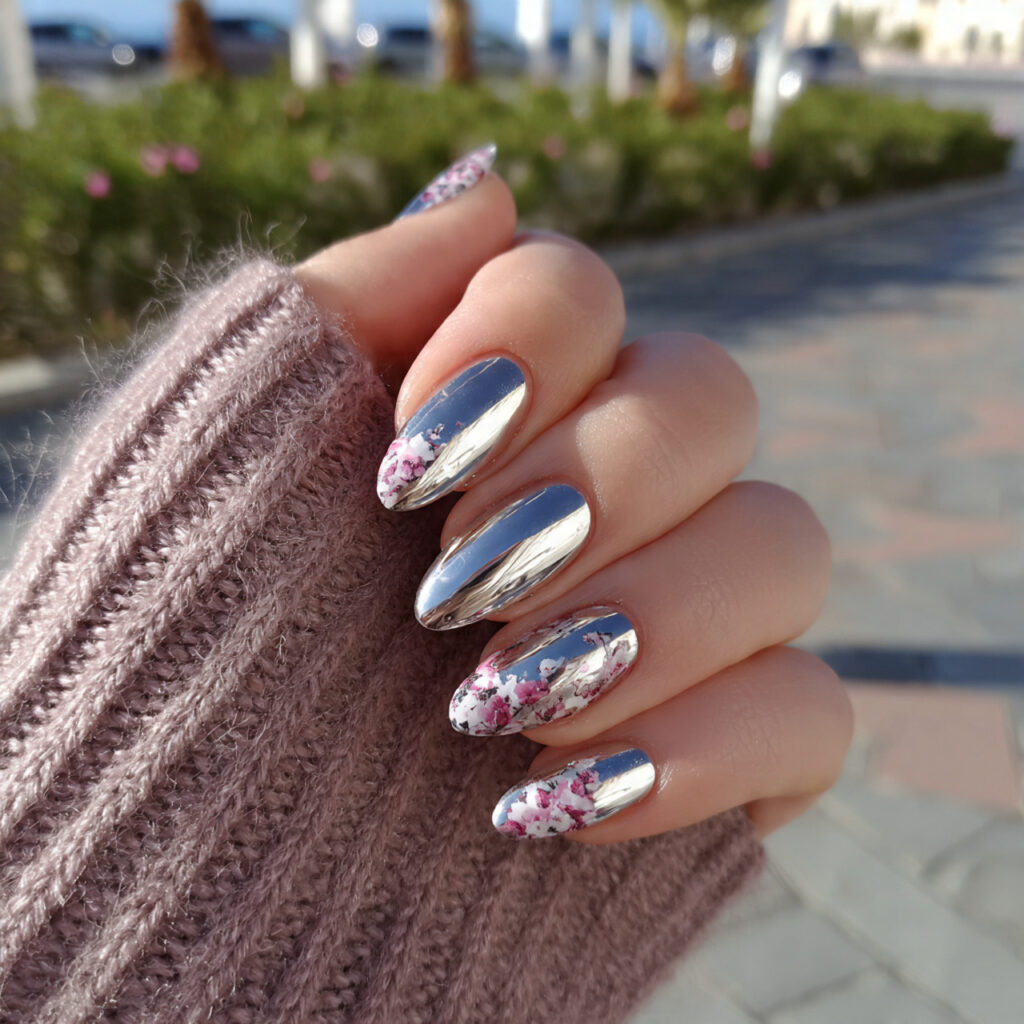 attractive soft chrome french short almond nails w