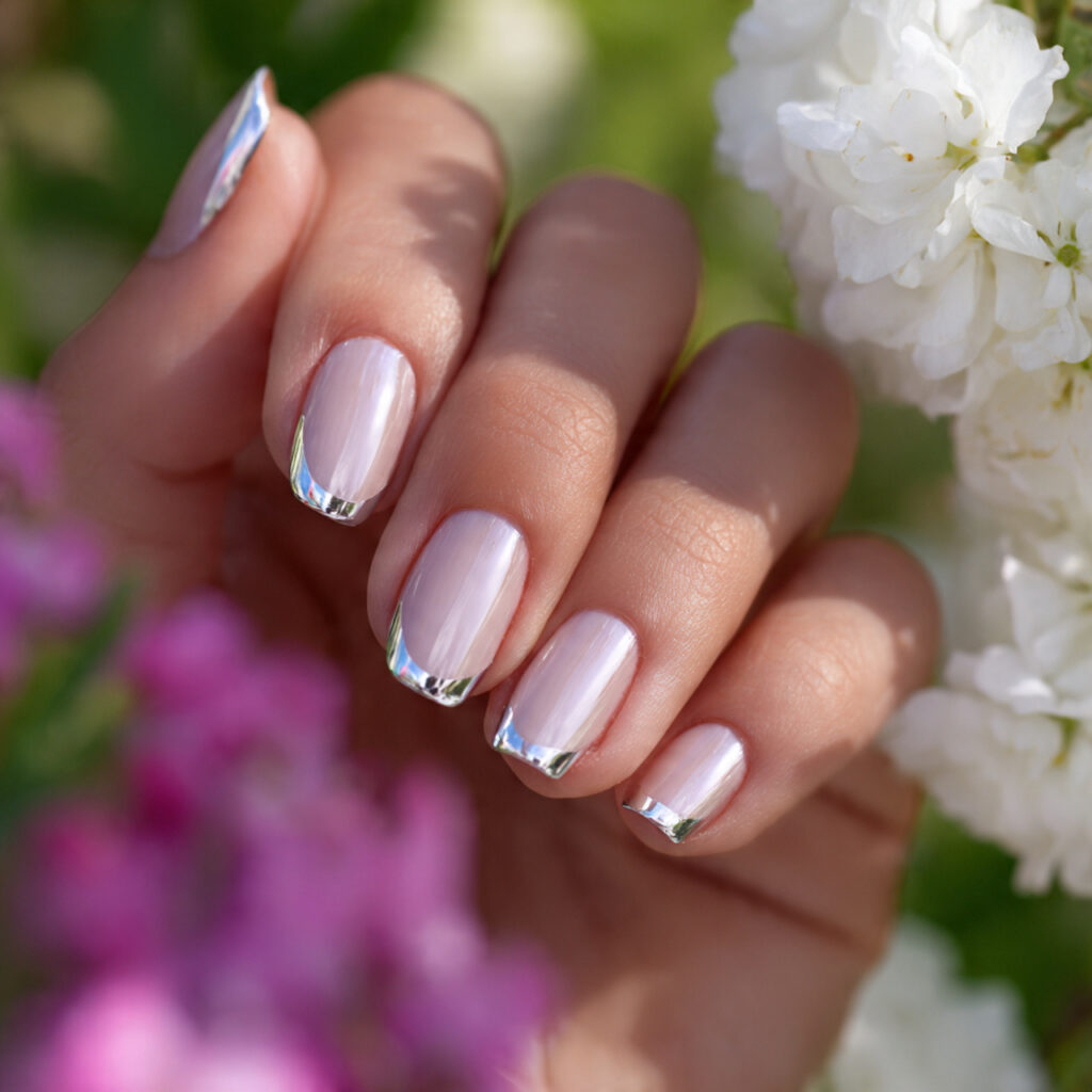 attractive soft chrome french short ballerina nail