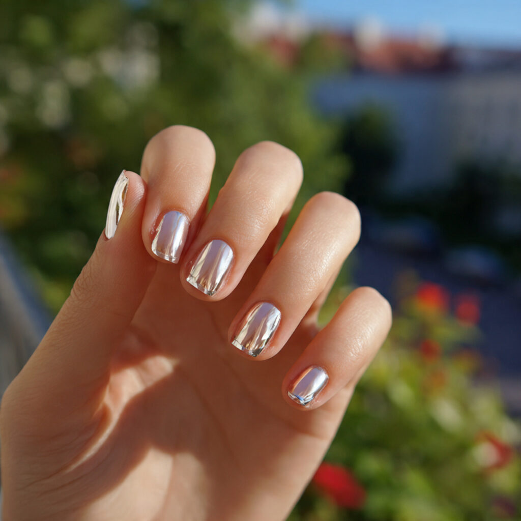 attractive soft chrome french short gel nails shor