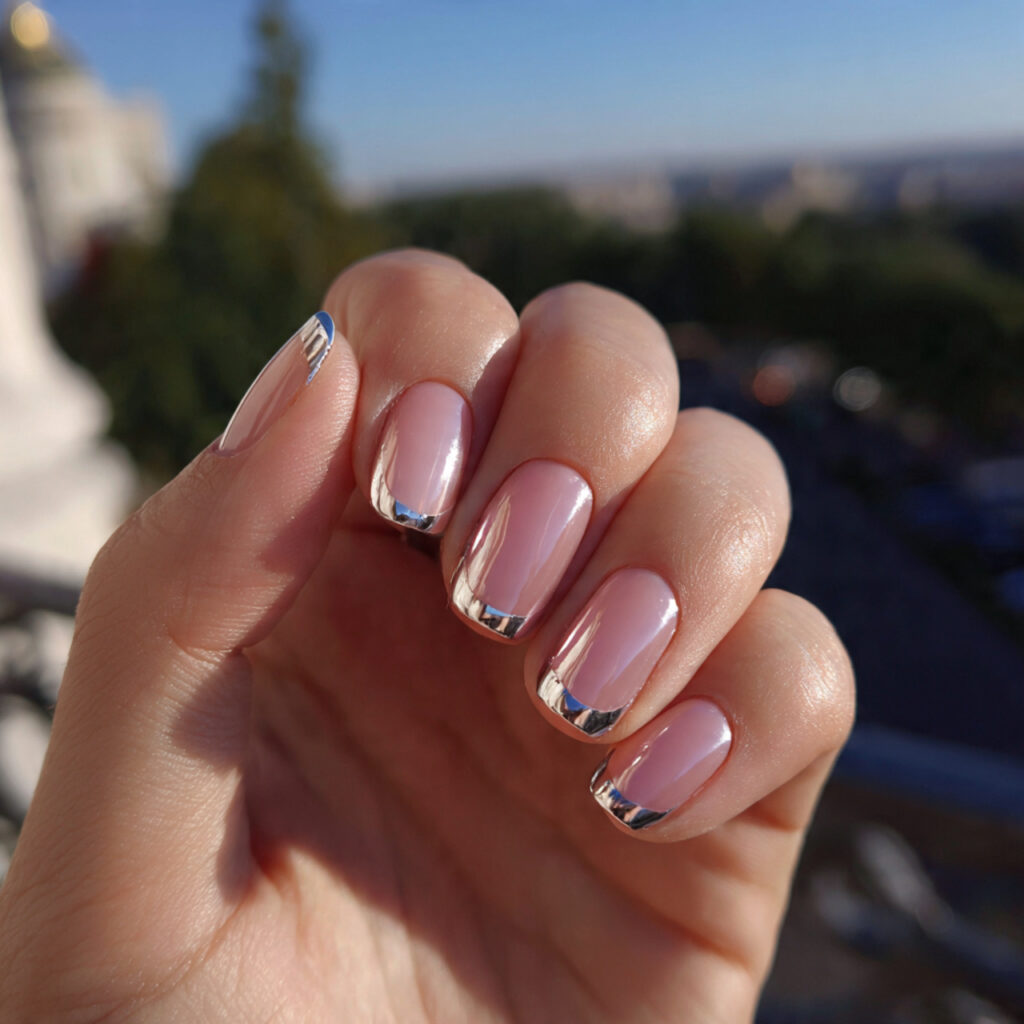 attractive soft chrome french short nails with out