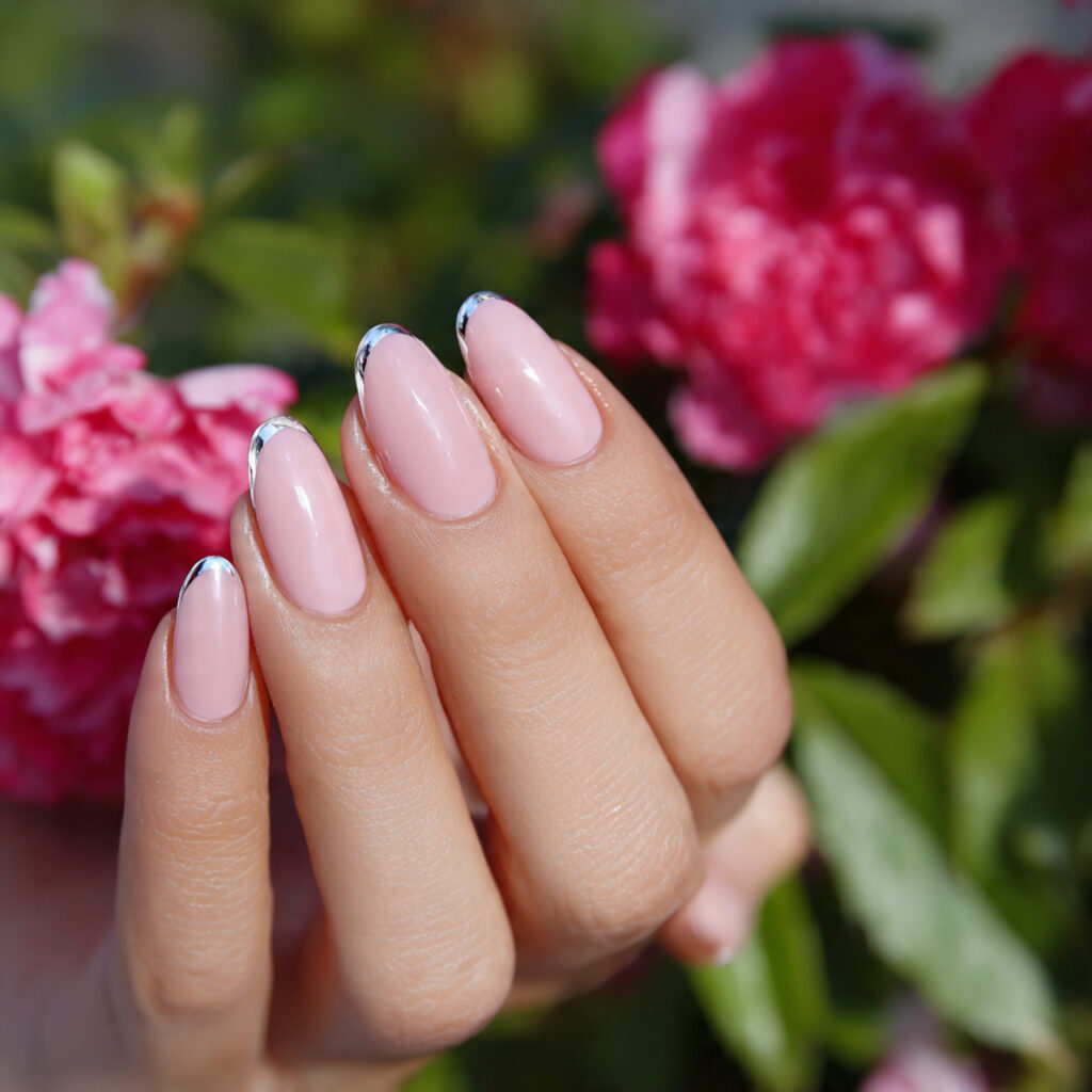 attractive soft chrome french short oval nails wit