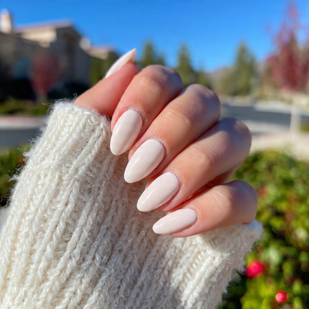 attractive soft ivory almond nails with outdoor ba