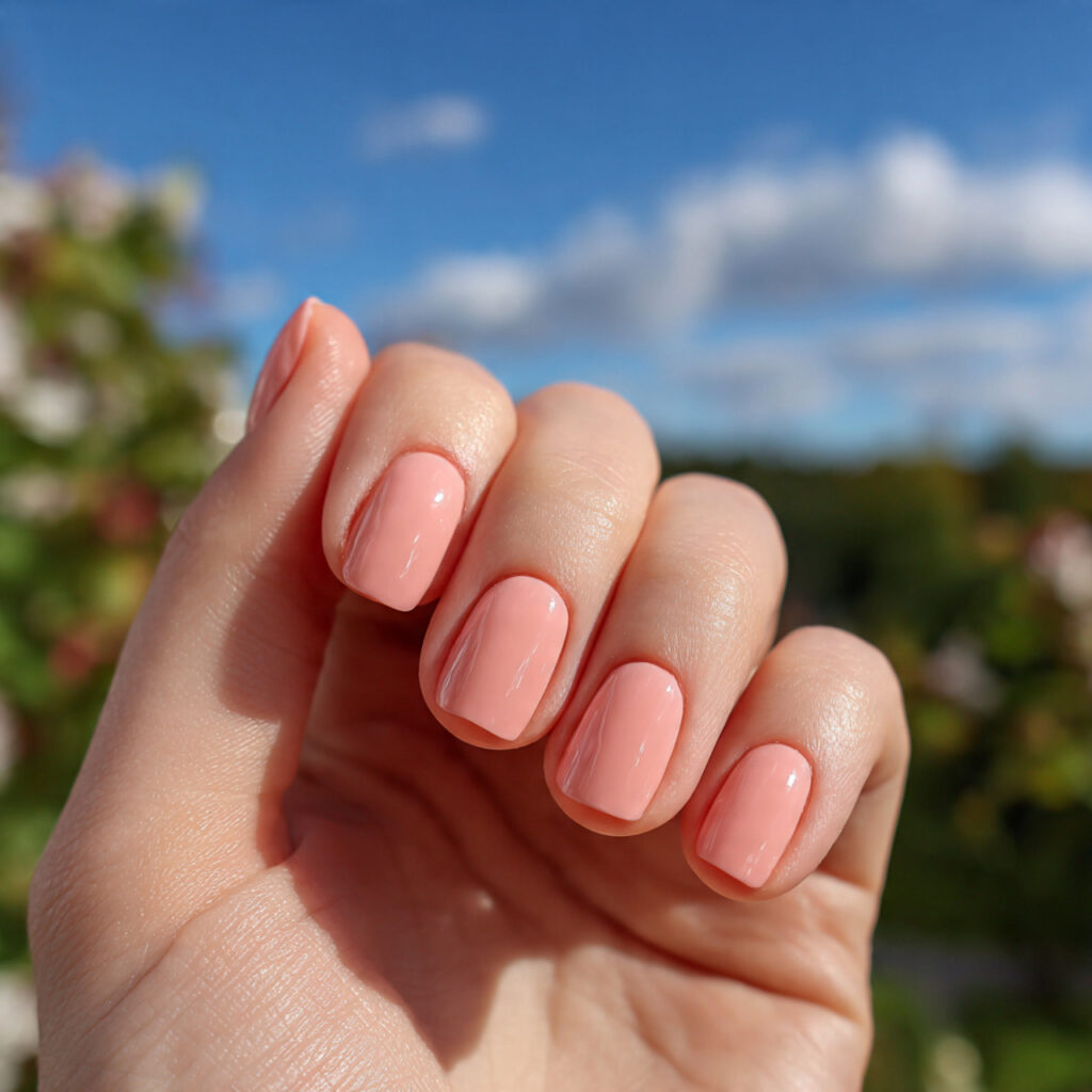 attractive soft peach cream nails with outdoor bac