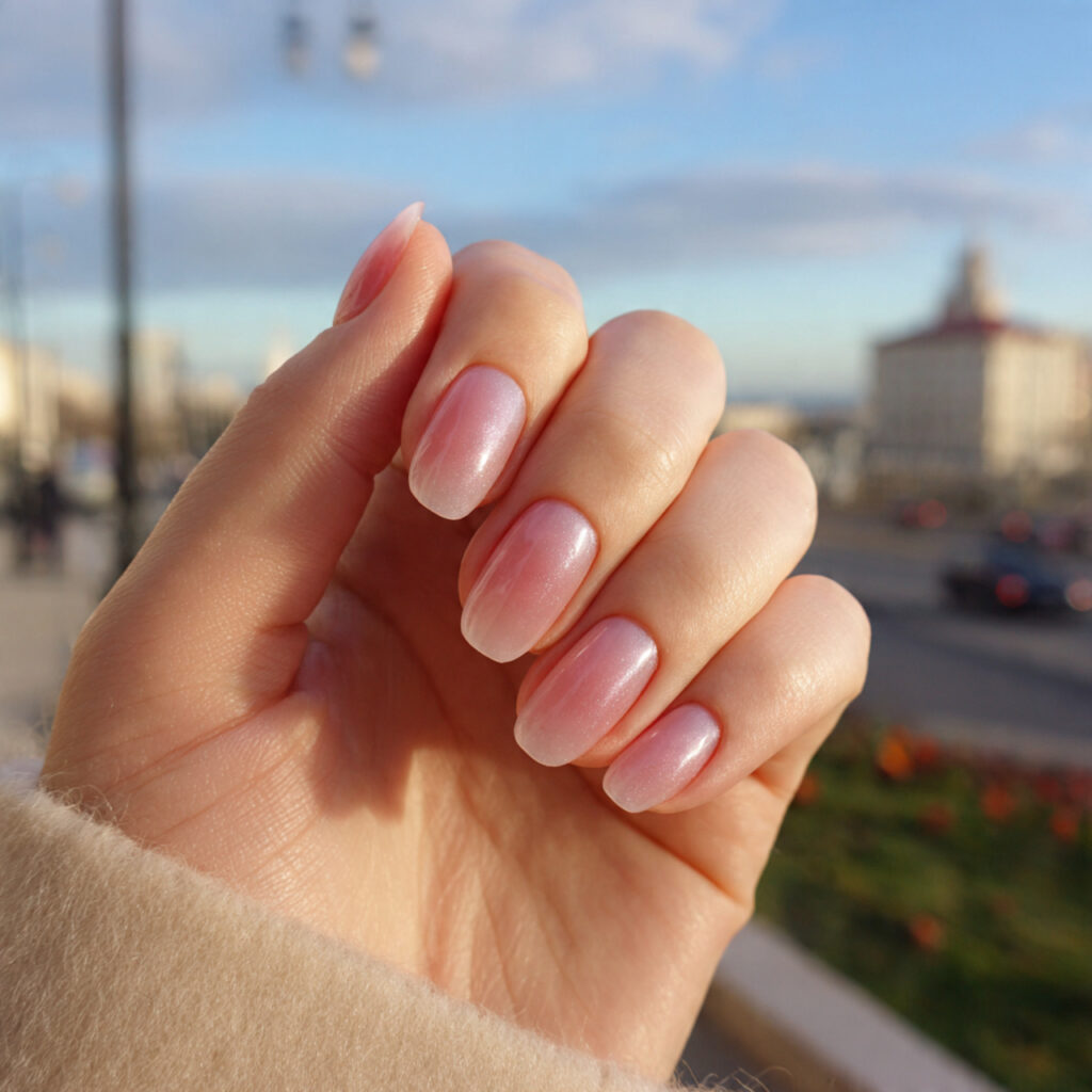 attractive soft pink aura nails with outdoor backg 1