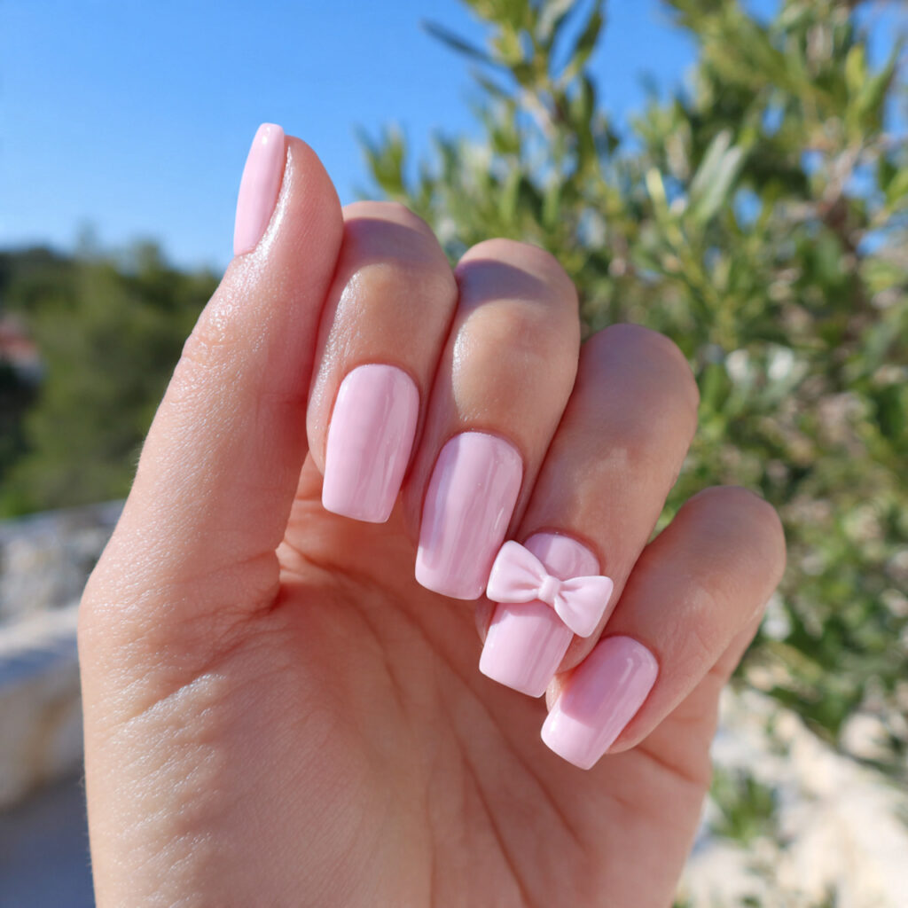 attractive soft pink bow nails with outdoor backgr