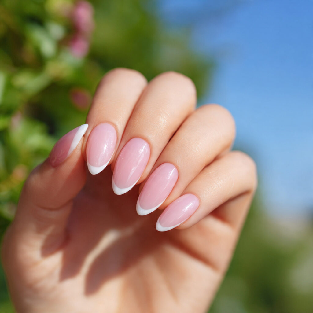 attractive soft pink french almond nails with outd 1