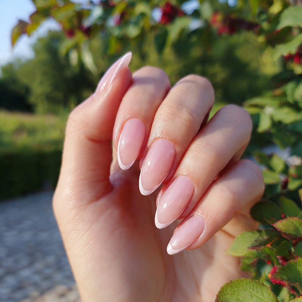 attractive soft pink french almond nails with outd