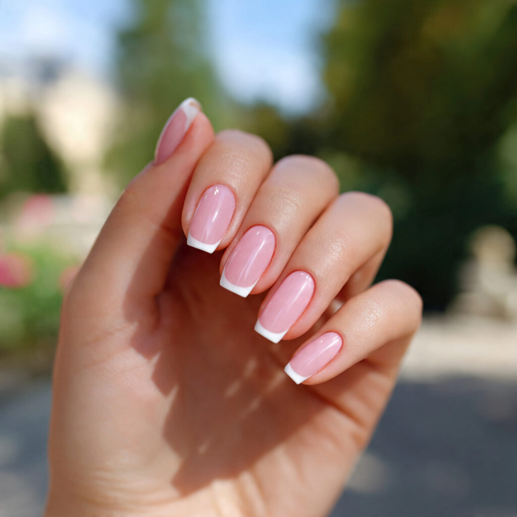 attractive soft pink french nails with outdoor bac
