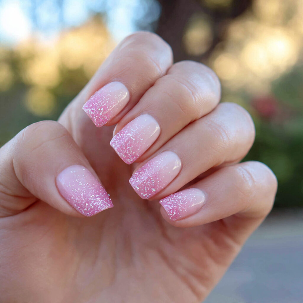 attractive soft pink glitter fade nails with outdo