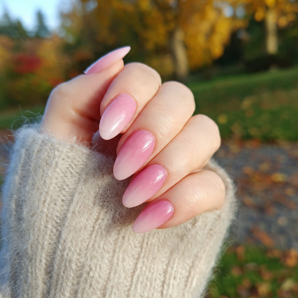 attractive soft pink ombr nails with outdoor backg