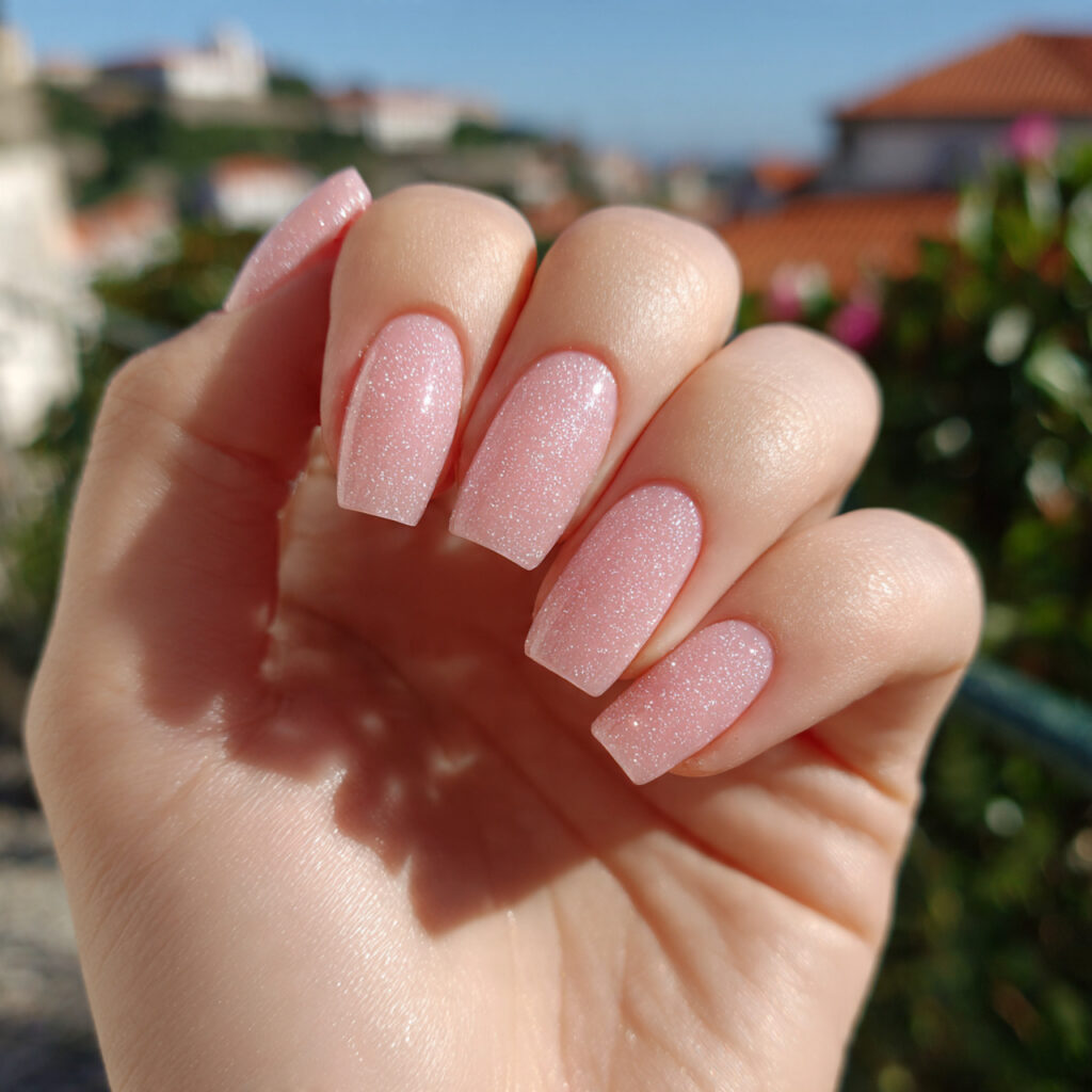 attractive soft pink shimmer nails with outdoor ba