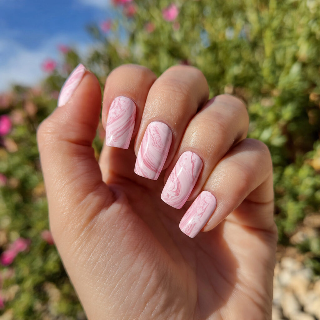 attractive soft pink swirl nails with outdoor back