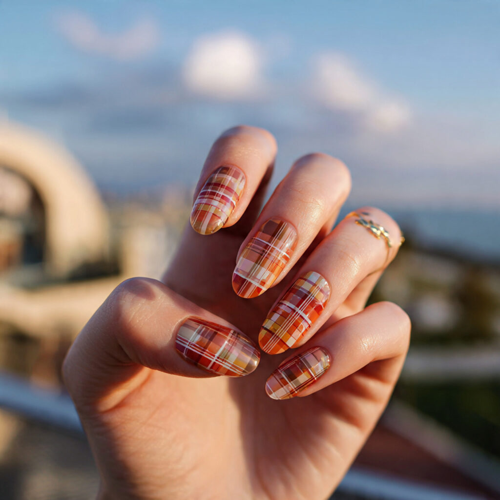 Nail Inspo 2026: 14 Aesthetic Nail Ideas That Feel So Fresh, Soft, and Trendy 14 attractive soft plaid jelly nails with outdoor bac 1