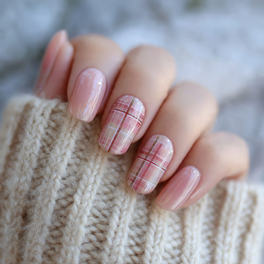 attractive soft plaid jelly nails with outdoor bac