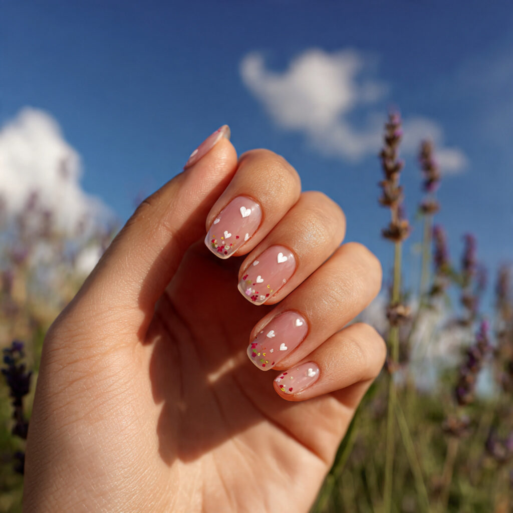 attractive soft simple with tiny hearts nails with
