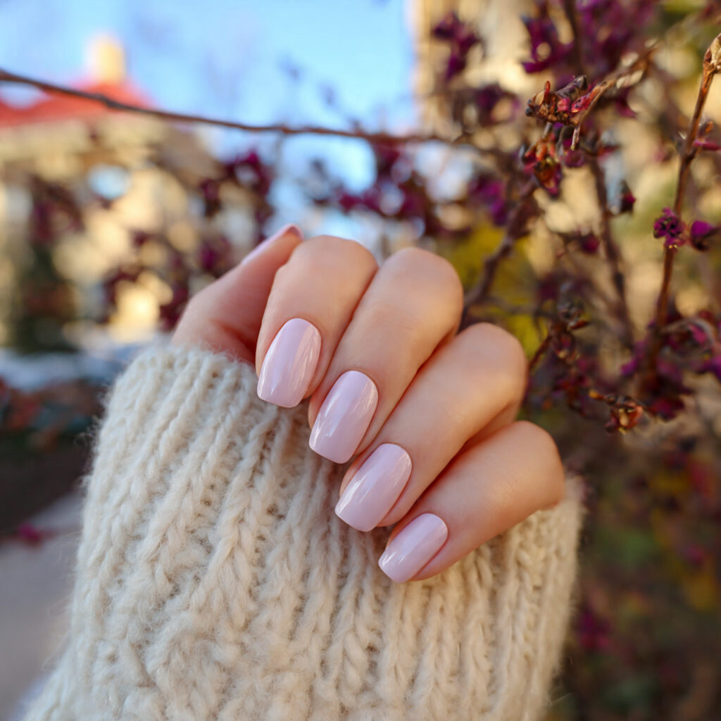 attractive soft square nails with outdoor backgrou