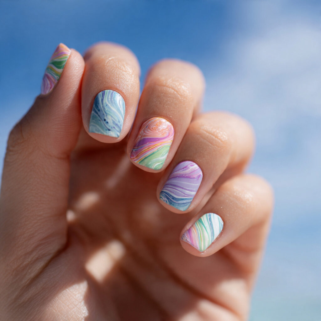 attractive soft swirl short acrylic nails with out