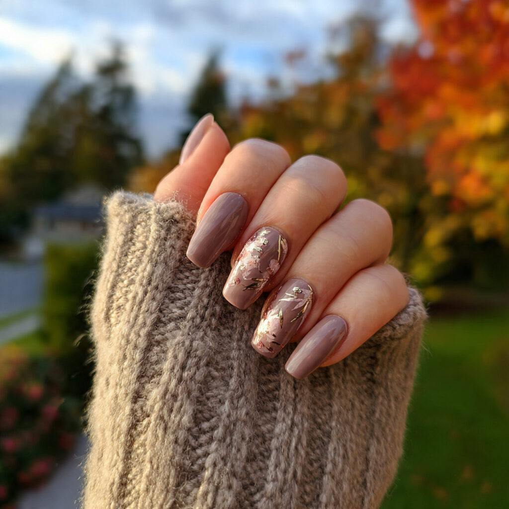 attractive soft taupe acrylic nails with micro art