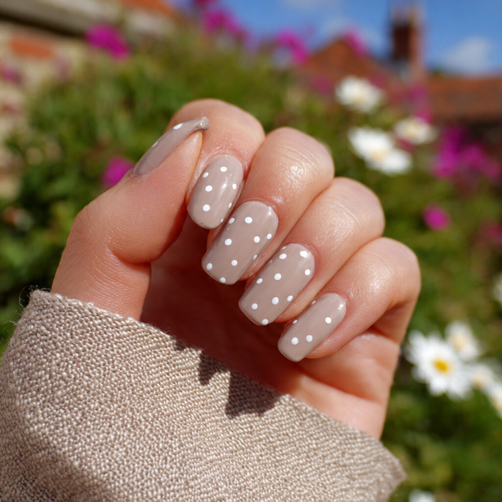 attractive soft taupe polka dot nails with outdoor