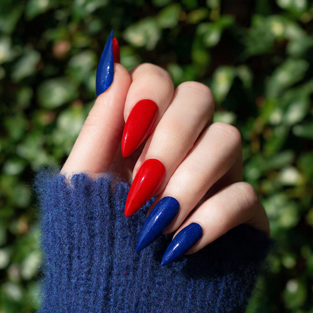 attractive stiletto red and electric blue nails wi